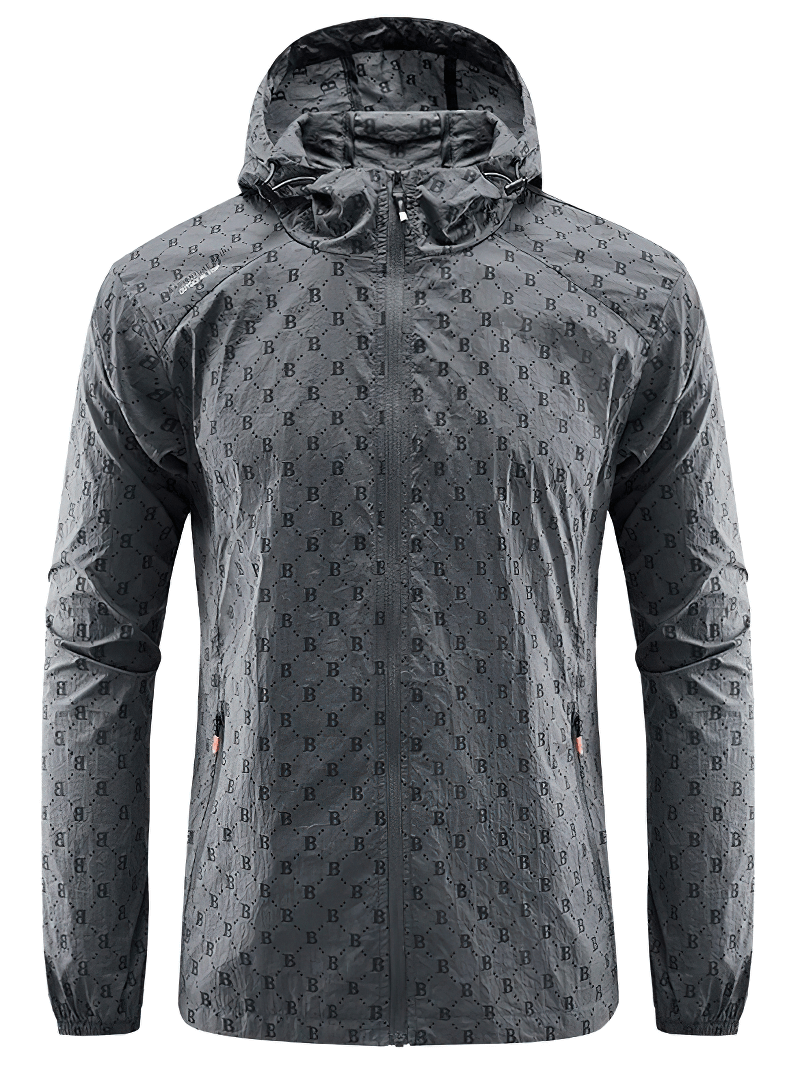 Lightweight UV sun protection jacket with letter B print in gray, featuring a zipper closure and UPF 50+ rating.