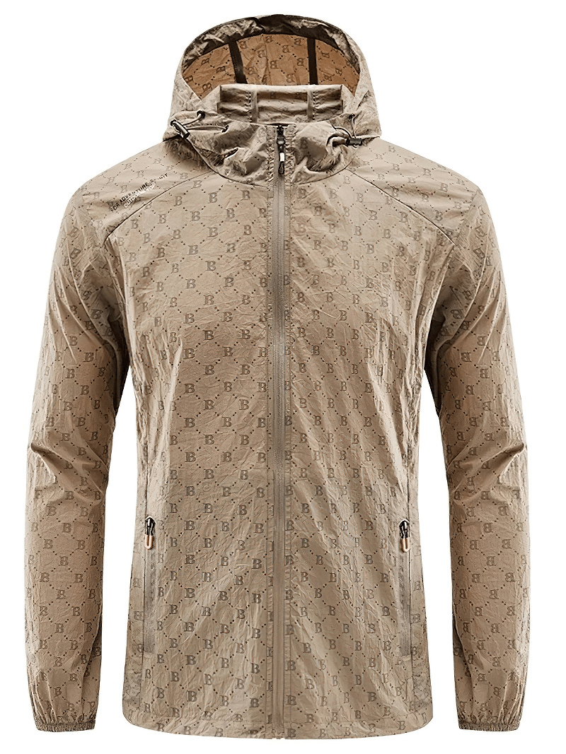 Lightweight UV sun protection jacket with letter B print, zipper closure, and hood. Perfect for outdoor activities. UPF 50+. Style SF1671.