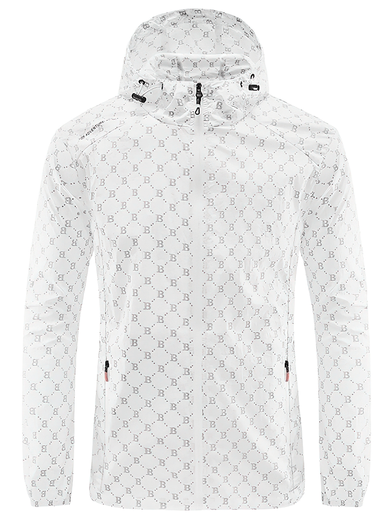 Lightweight UV sun protection jacket with letter B print, white, breathable fabric, zipper closure, UPF 50+ rating.