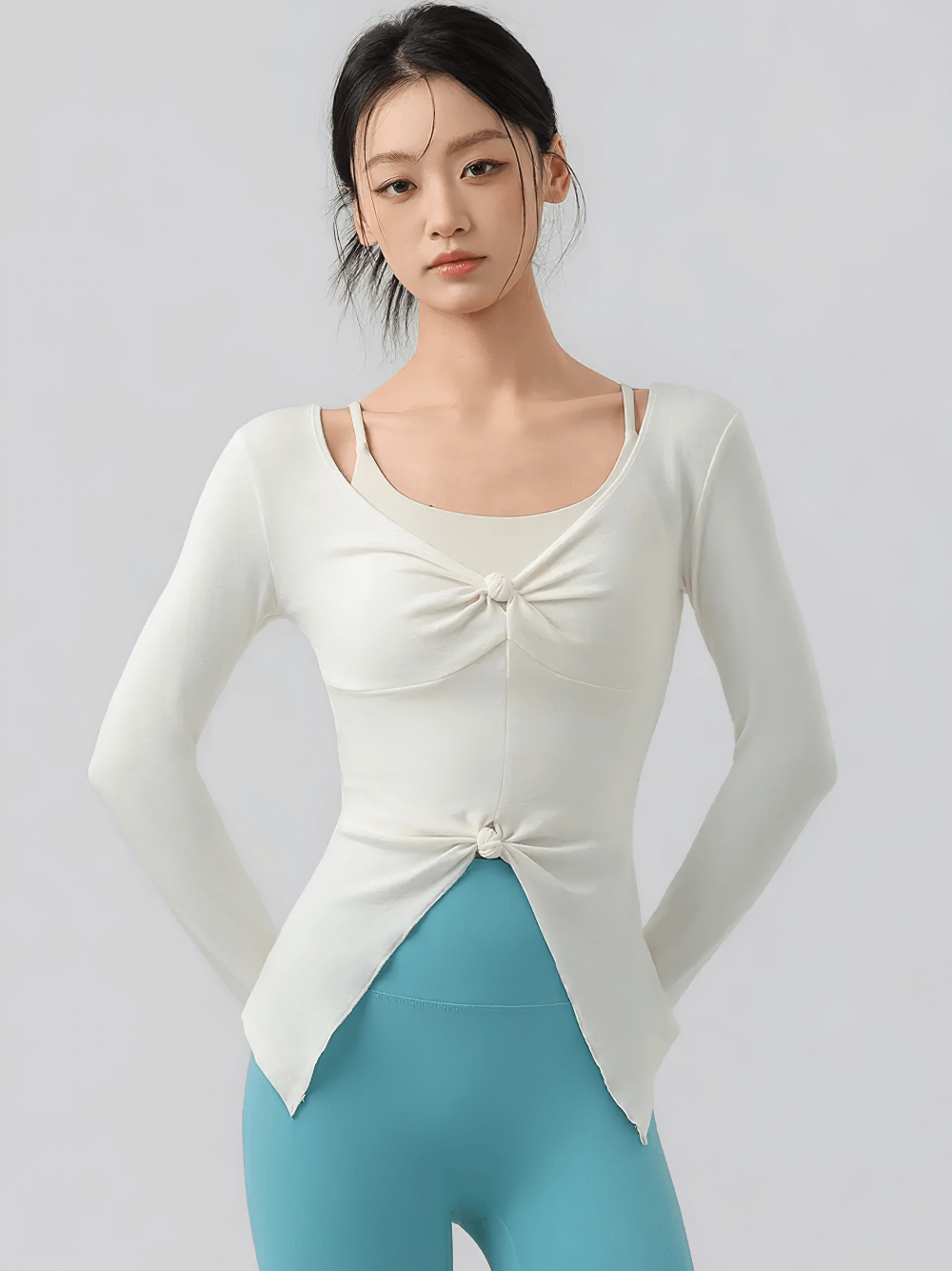 V-neck Long Sleeve Fitness Top for Yoga and Workout - SF4182 in white, perfect for stylish and comfortable yoga sessions or workout routines.