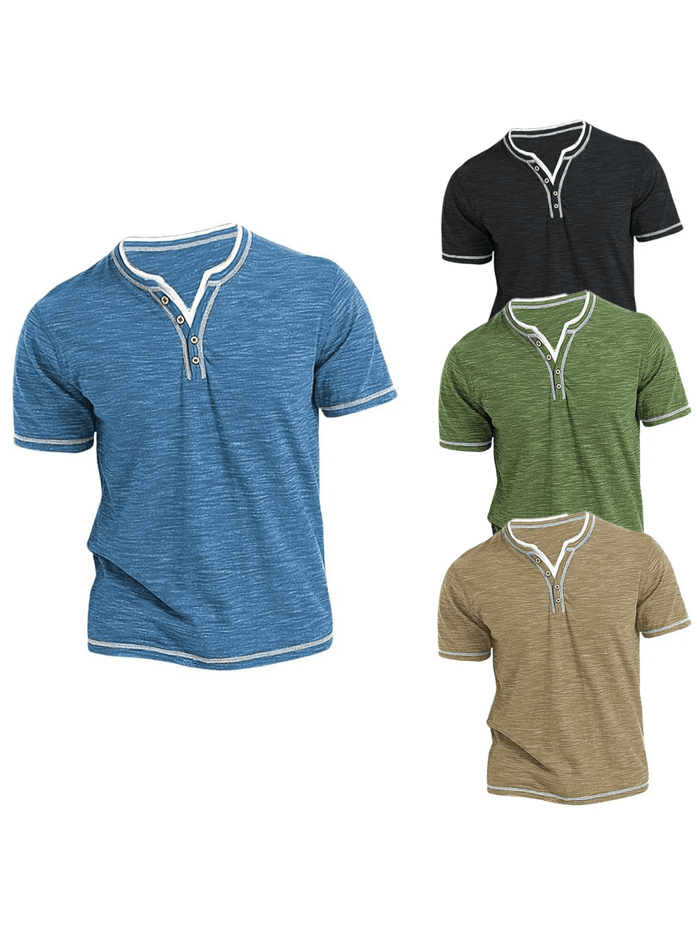 Alt Tag: V-Neck Short-Sleeved T-Shirt With Henley Collar - SF4327 men’s slim fit cotton Henley tee with button placket, short sleeves, 4 colors
