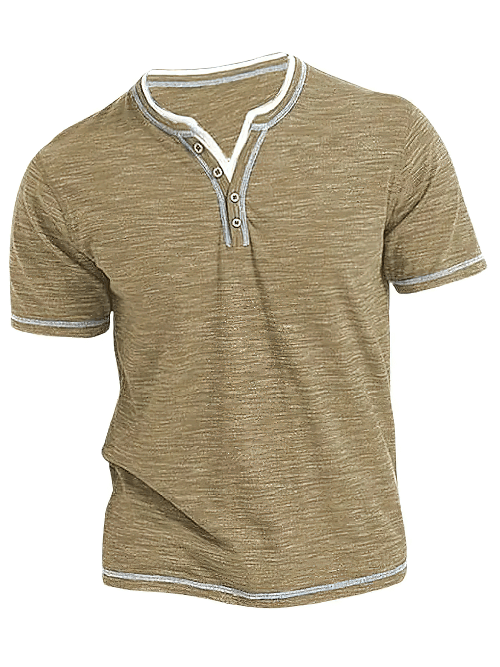 Alt Tag: V-Neck Short-Sleeved T-Shirt With Henley Collar - SF4327 slim fit elastic cotton summer tee with button placket, khaki
