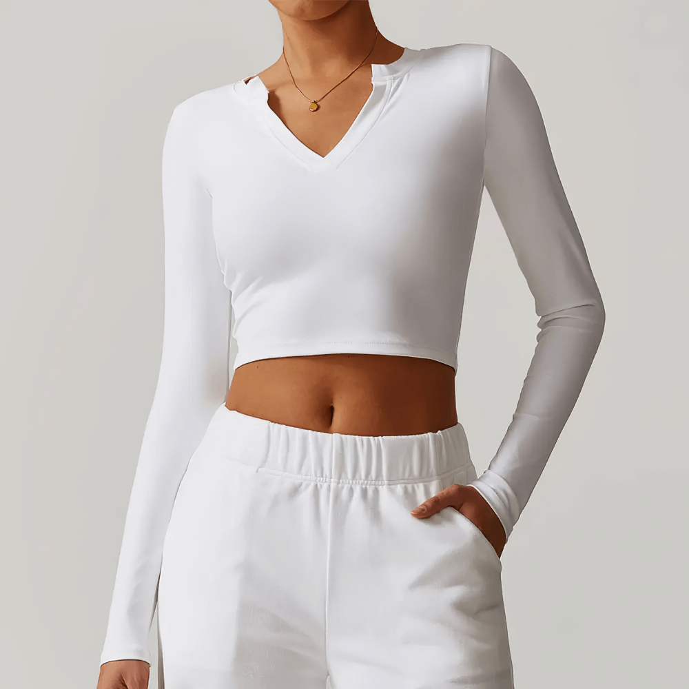 Women's V-Neck Long Sleeve Crop Top for Yoga and Fitness, SF2350. Nylon and spandex blend for stretch and comfort, in white.