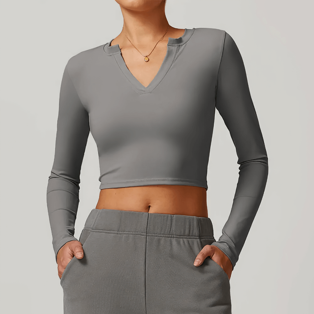 V-Neck Yoga Long Sleeve Crop Top for Women - SF2350, breathable, quick-dry, perfect for running and fitness with stretchable fabric.