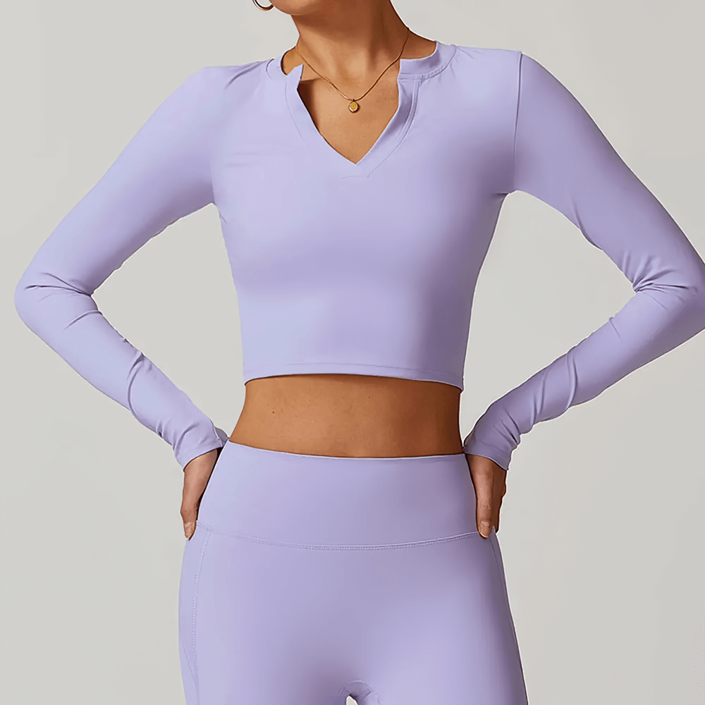 Lavender V-Neck Long Sleeve Crop Top for Women - Perfect for Yoga and Fitness