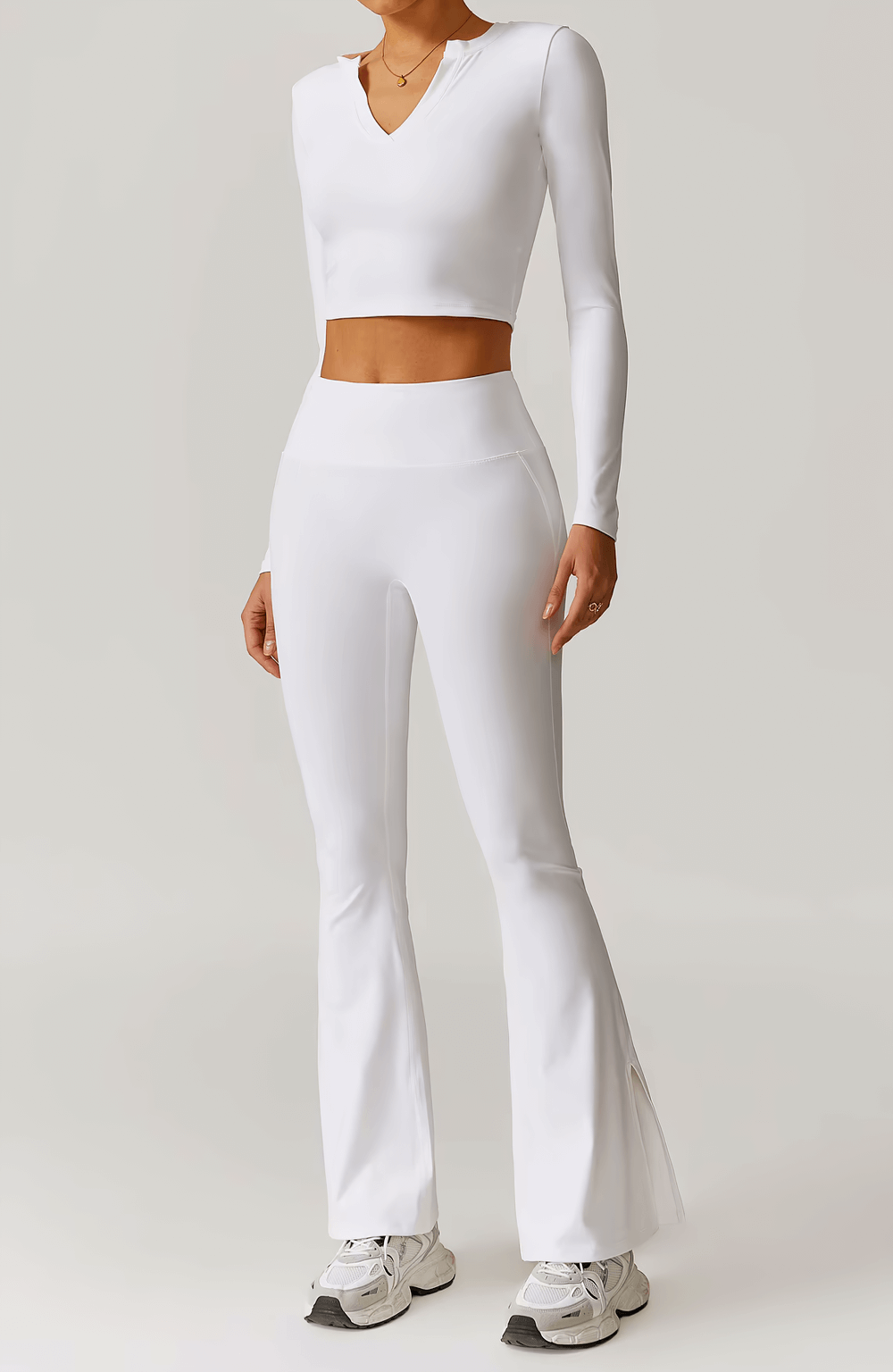 White V-Neck Yoga Long Sleeve Crop Top for Women, perfect for fitness, yoga, and running with stretch and quick-dry fabric.