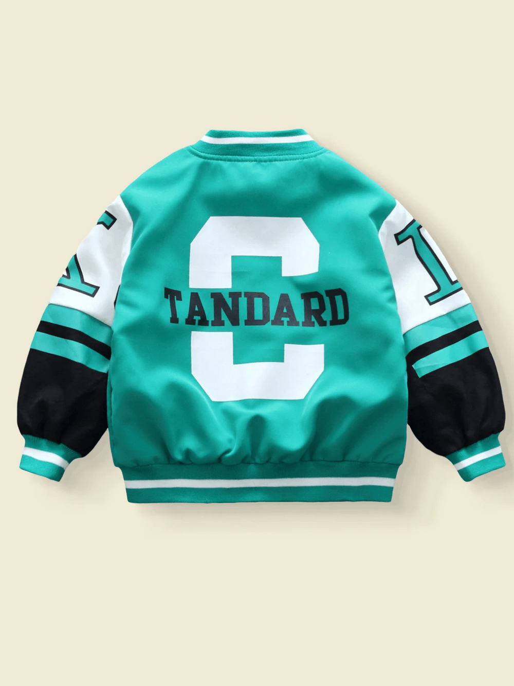 Kids' varsity bomber jacket with bold 'C' lettering and graphic prints, teal and black, sporty design for fashion-forward children.