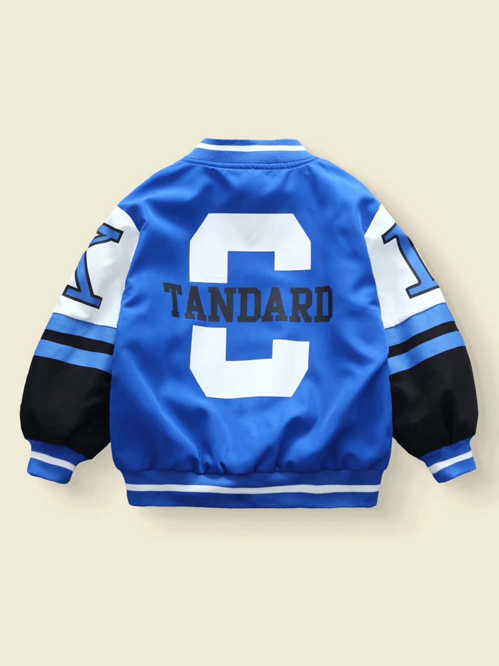 Varsity bomber jacket for kids with bold 'C Tandard' design, blue and black sleeves, sporty and stylish.