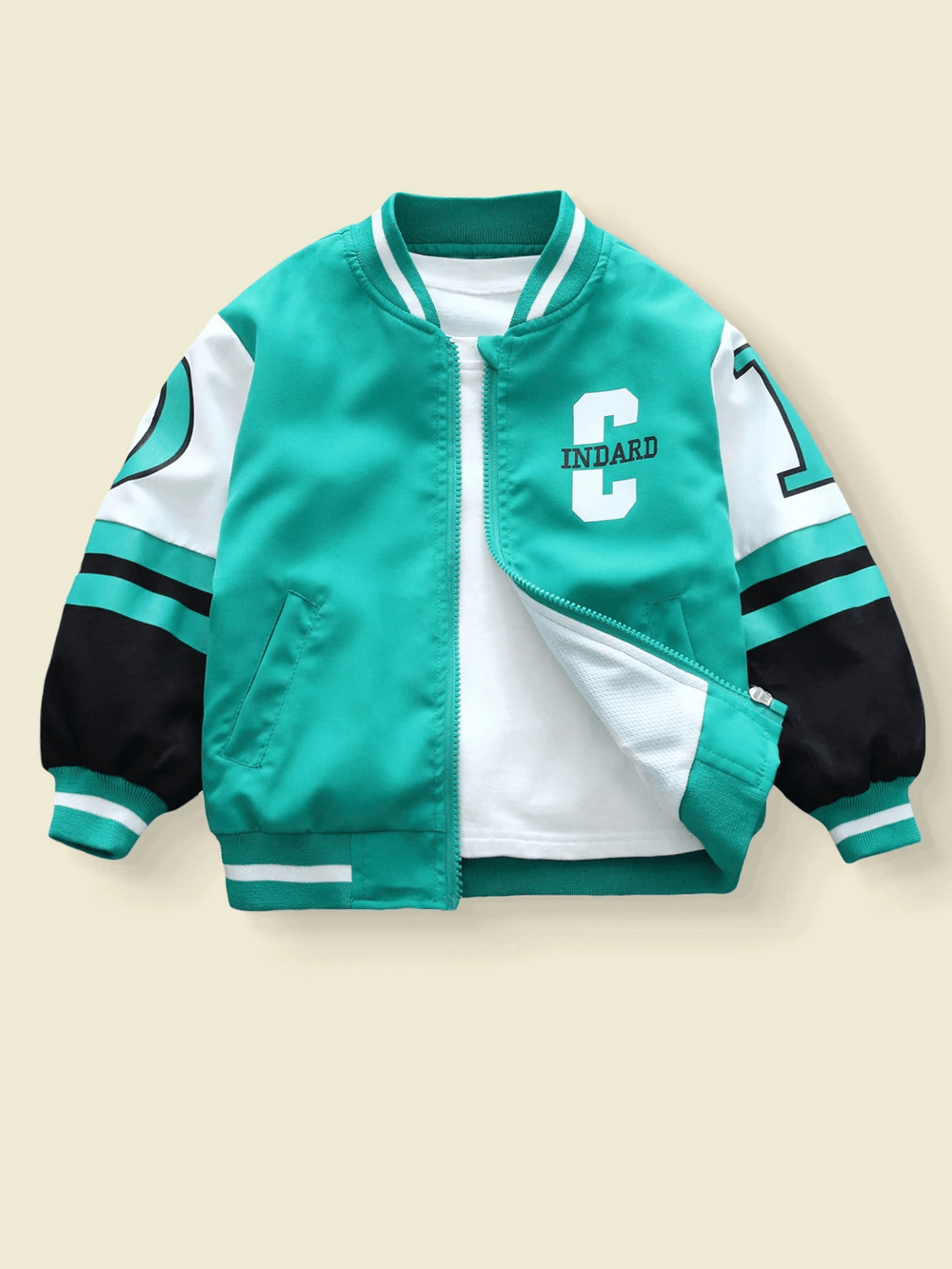 Green varsity bomber jacket with bold C and G graphics, sporty design for kids. Youth baseball style with zip-up front and ribbed cuffs.