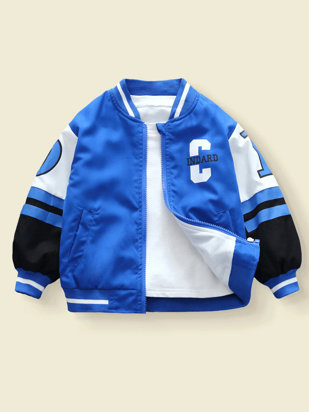 Youth varsity bomber jacket with bold lettering, blue and black color scheme, featuring "C" and "G" graphics. Sporty, stylish design.
