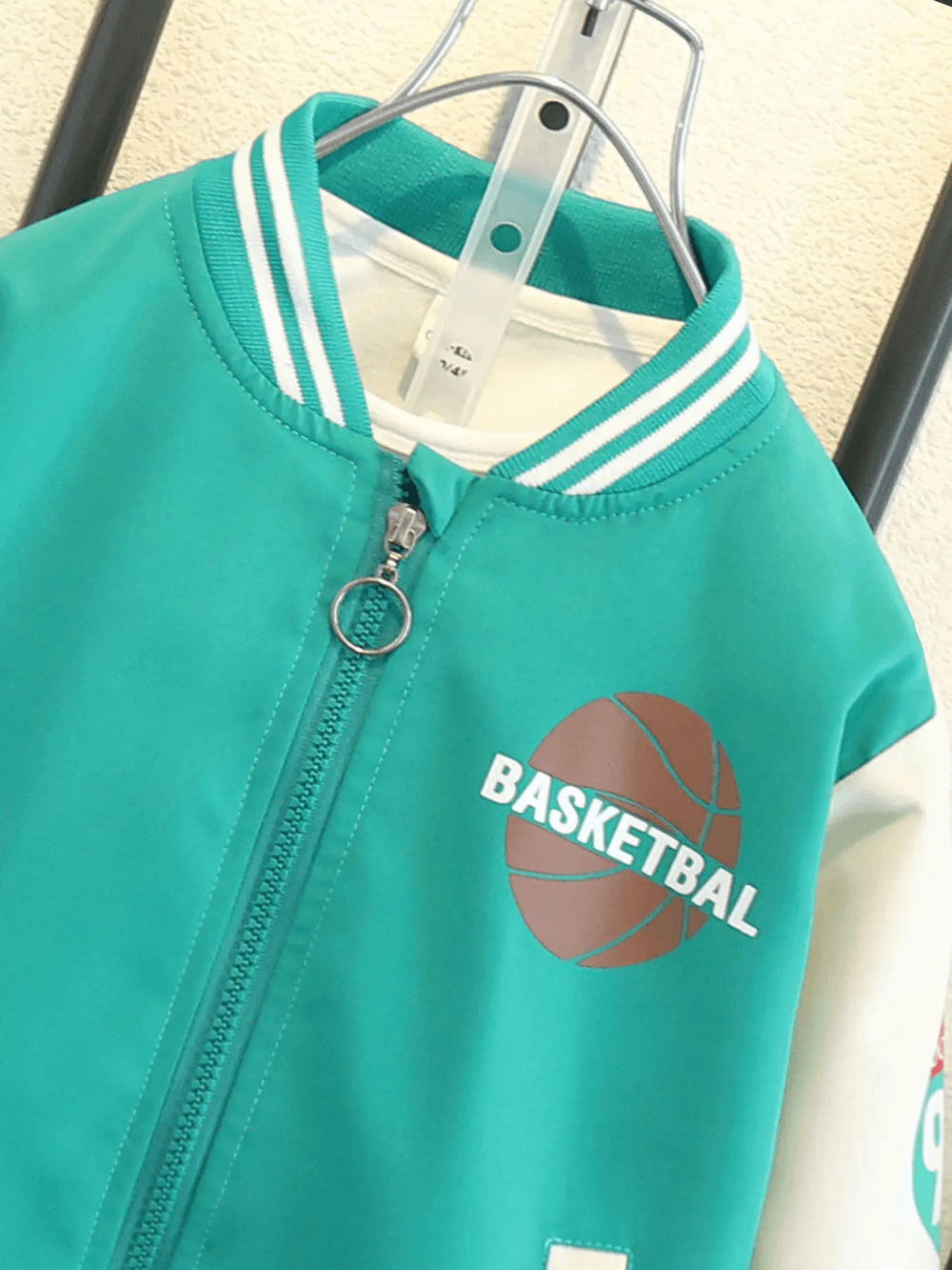 Teal and white varsity kids' basketball jacket with sporty print, zip-up closure, and ribbed cuffs, model SF3116.