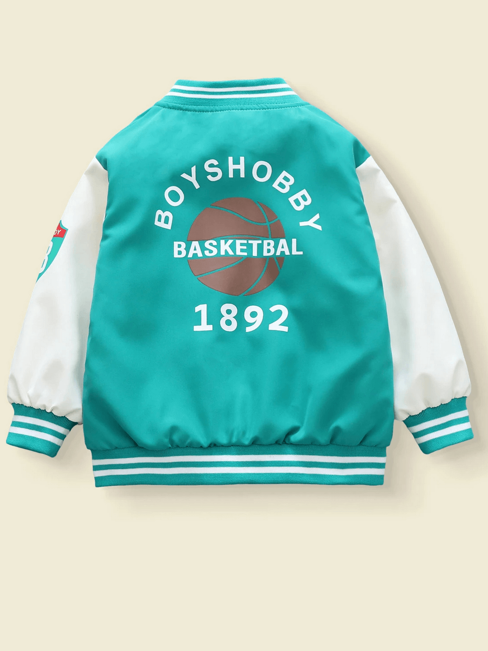 Kids varsity basketball jacket with teal and white color-block, featuring a bold basketball graphic and sporty details for young athletes.