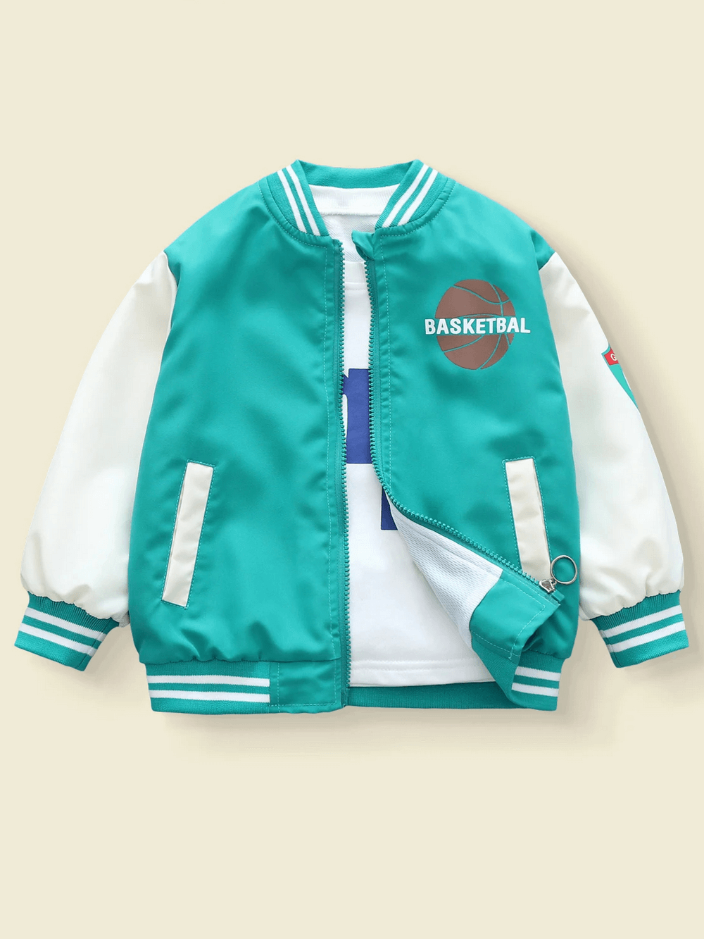 Kids teal varsity basketball jacket with white sleeves and sports print, SF3116. Stylish zip-up design perfect for young athletes.