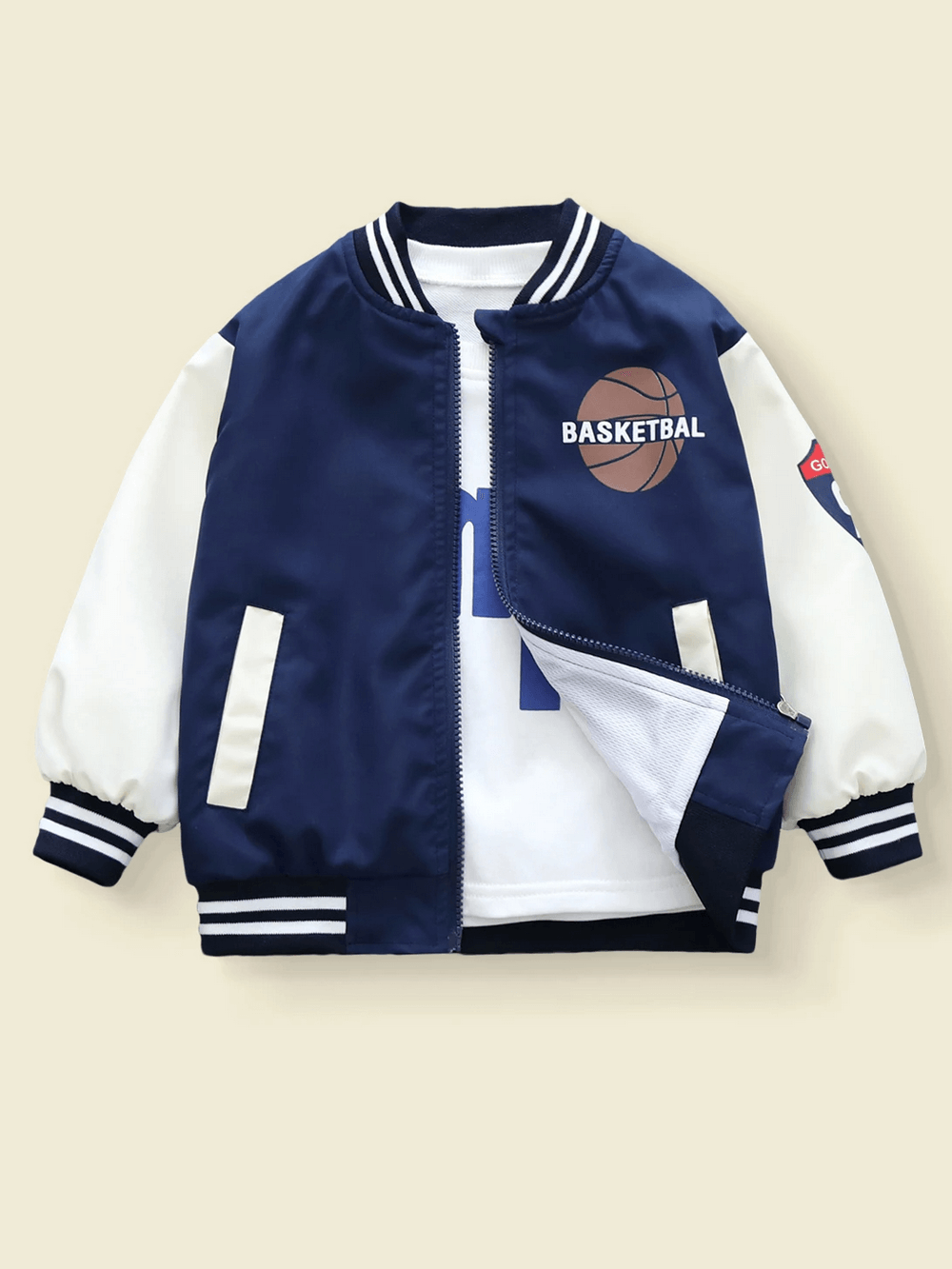 Children's varsity style basketball jacket in teal and white with sports print, zip-up closure, and ribbed cuffs for stylish comfort.