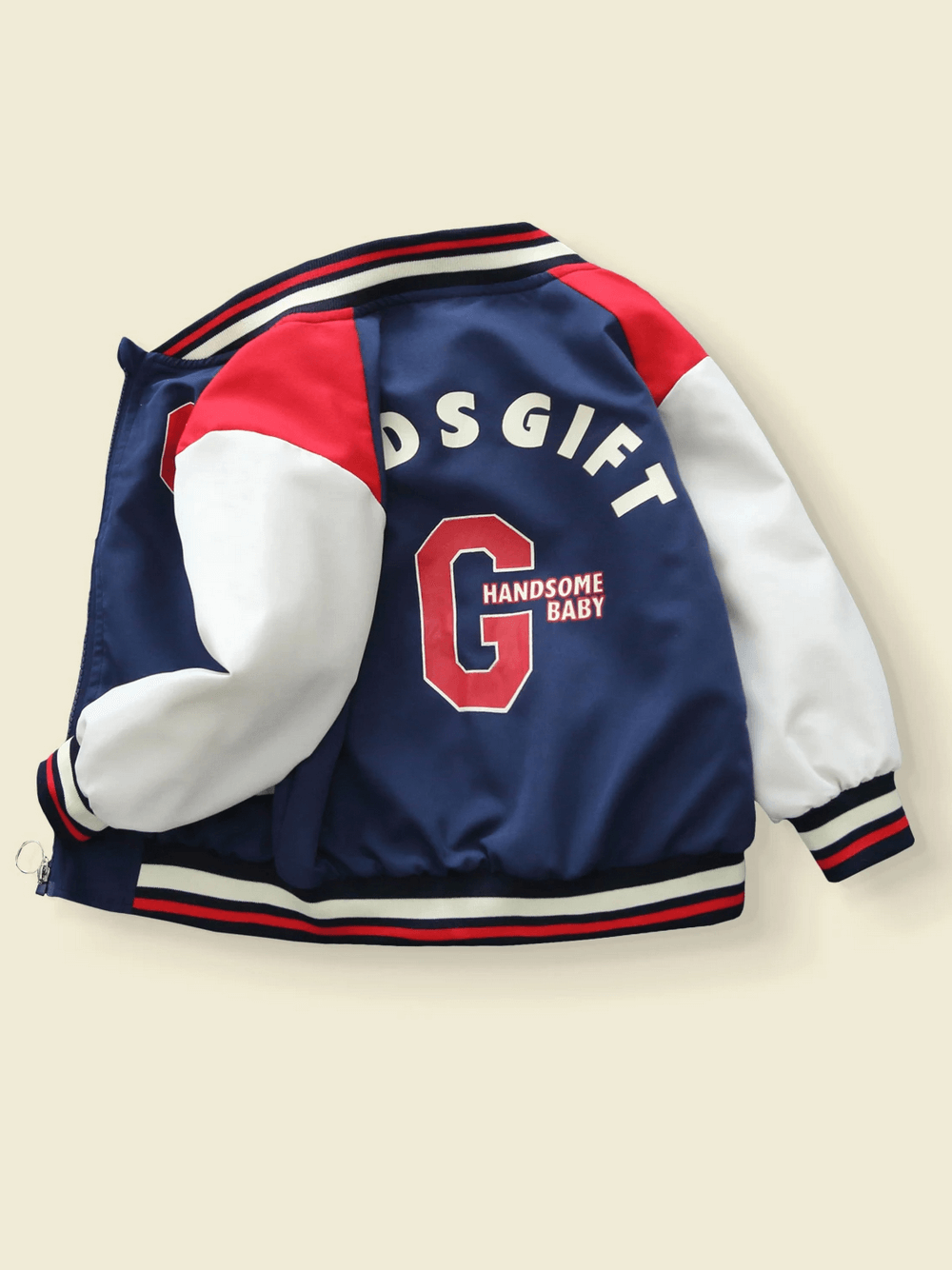 Back view of varsity style kids jacket with 'HANDsome Baby' letter print, color-blocked in navy, red, and beige, SF3113.