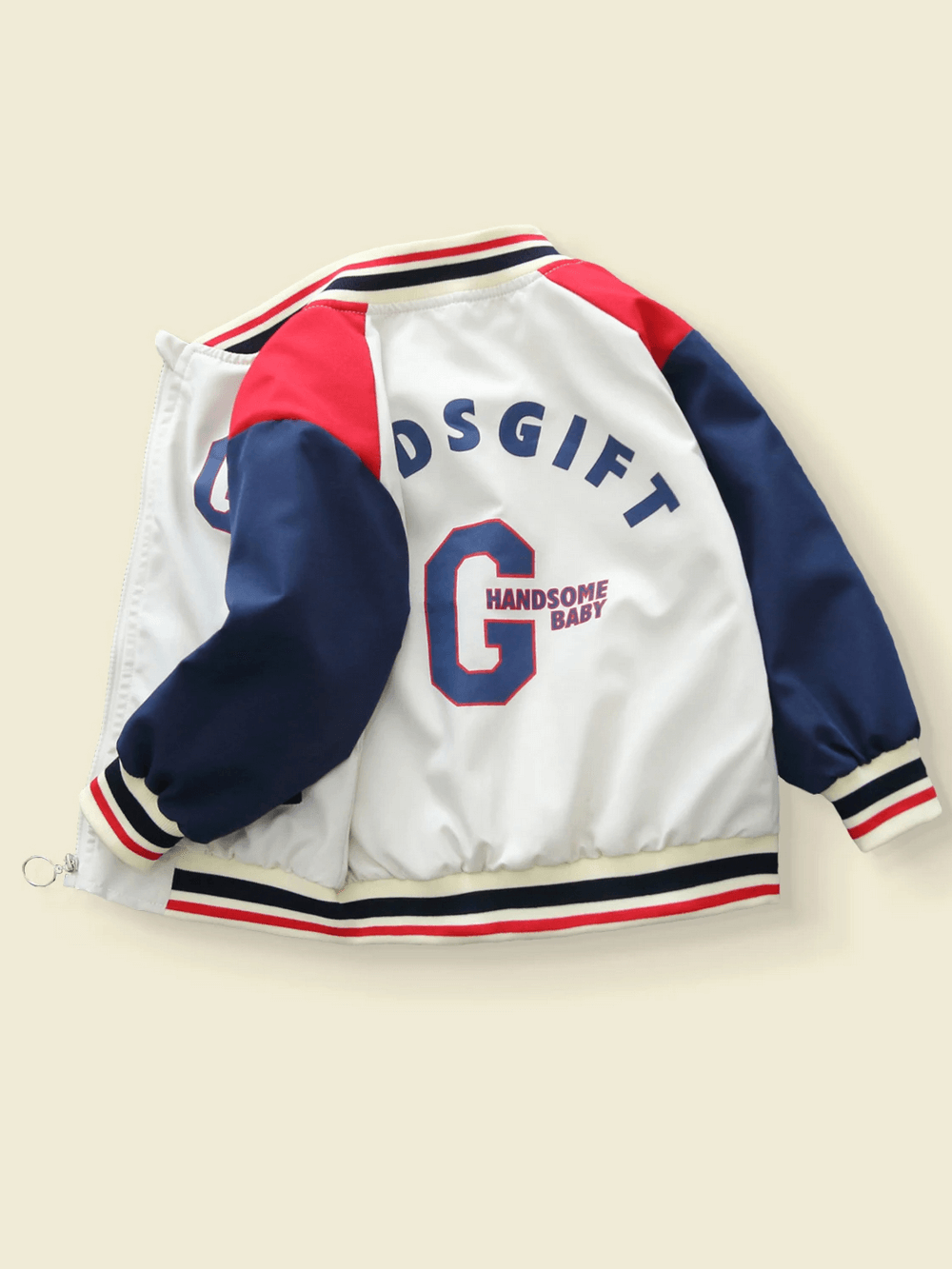 Kids varsity jacket with 'G HANDsome Baby' print, color-blocked in navy, red, and beige, ribbed cuffs and sporty design - SF3113.