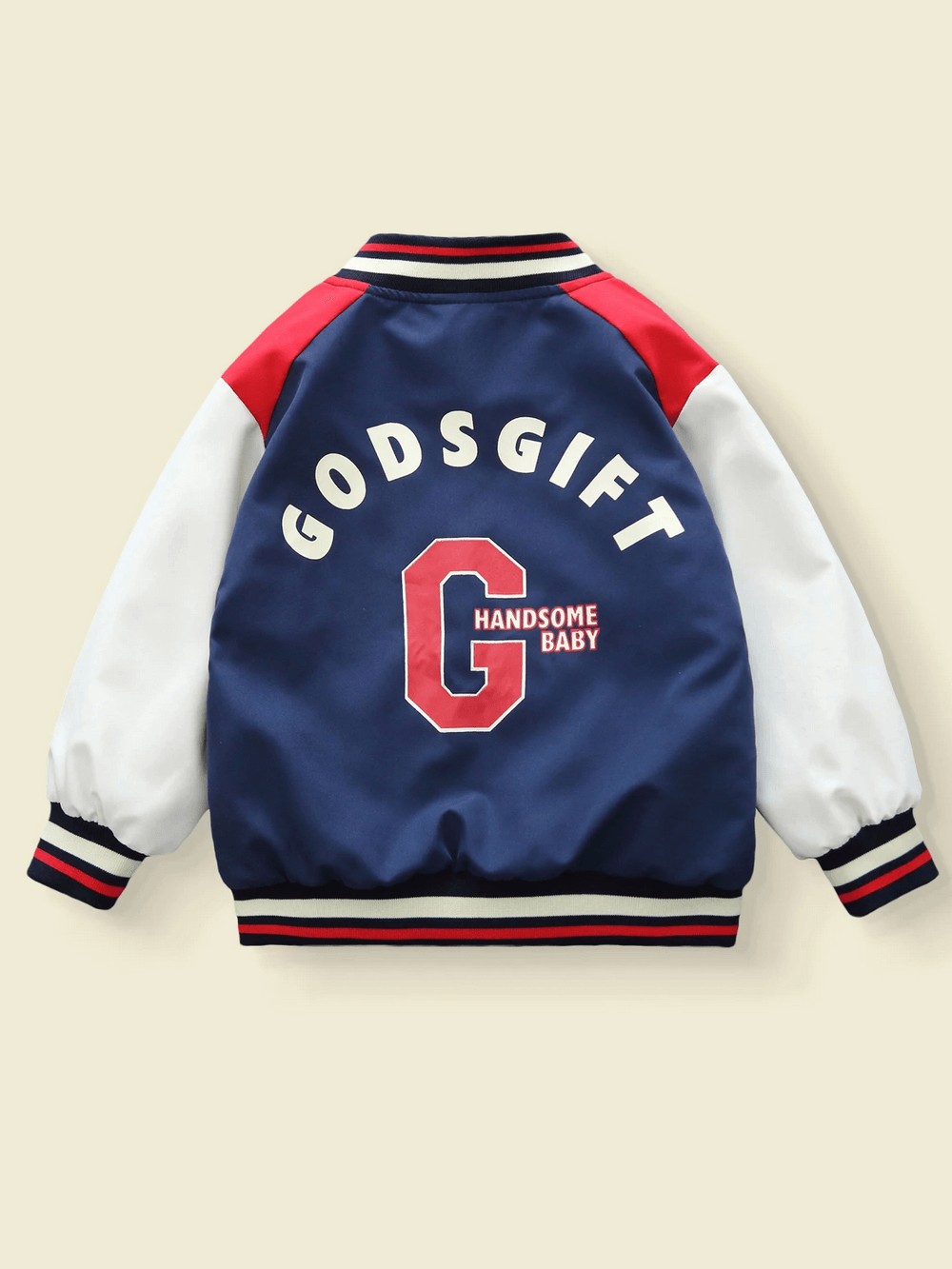 Kids varsity jacket with 'GODSGIFT' and 'HANDsome Baby' letter print in navy, red, and beige color-block design.