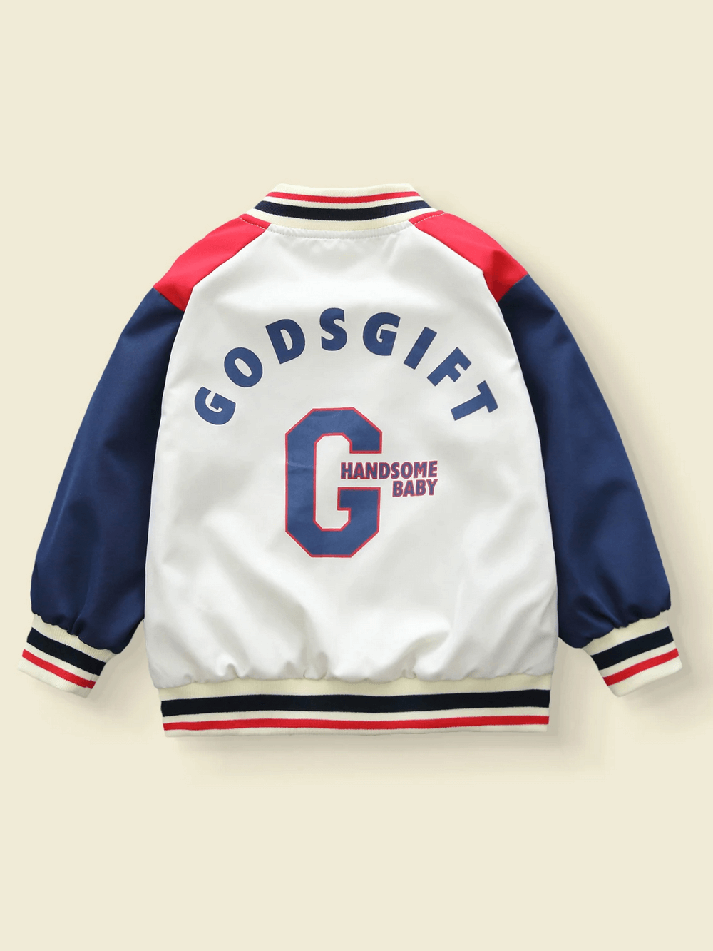 Kids varsity jacket with 'G' print, "Godsgift Handsome Baby" text. Navy, red, beige color-block design, perfect for autumn outings.