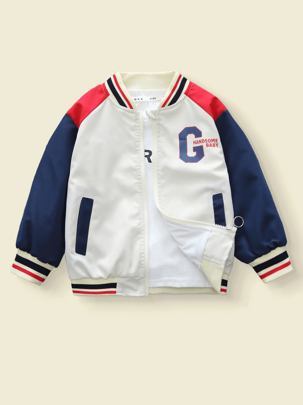 Color-blocked kids varsity jacket with letter 'G' print and 'HANDsome Baby' logo, featuring navy, red, and beige design - SF3113