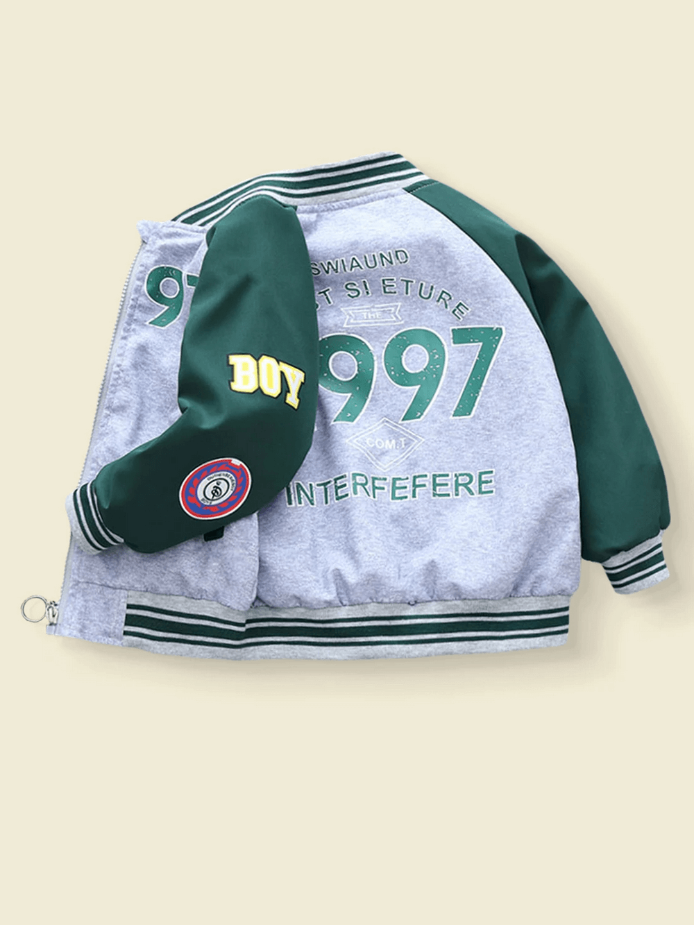 Trendy green and gray varsity jacket for kids with bold sporty letters and numbers, featuring stylish ribbed cuffs and hem.