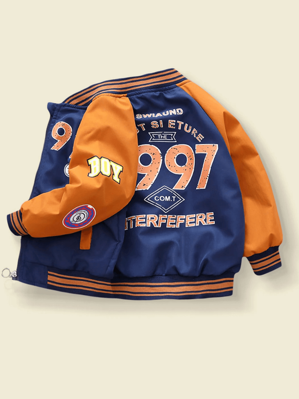Colorful varsity jacket for kids with bold numbers and sporty patches in blue and orange, perfect for young sports enthusiasts.