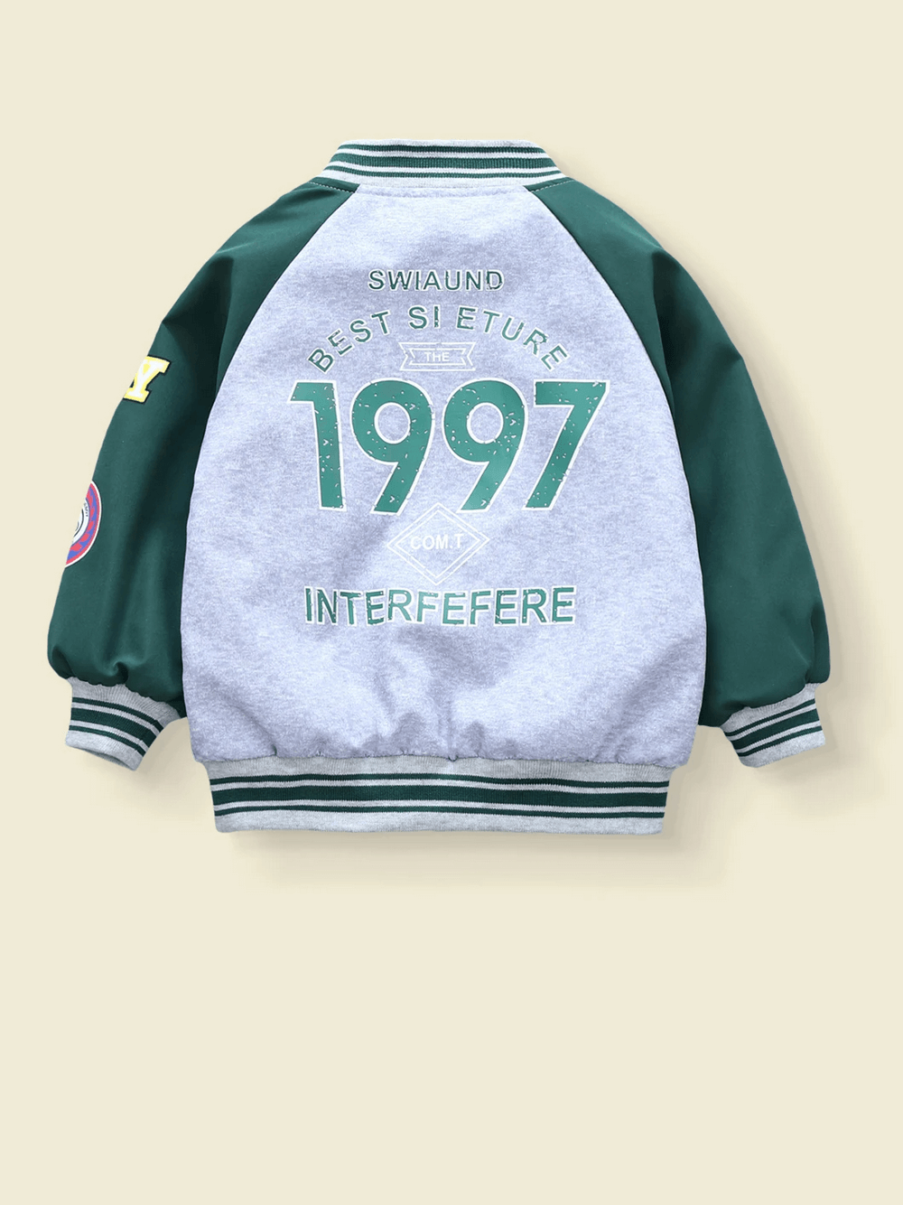 Back view of colorful kids baseball bomber jacket with sporty design, featuring bold 1997 print and green sleeves, ribbed cuffs and hem.