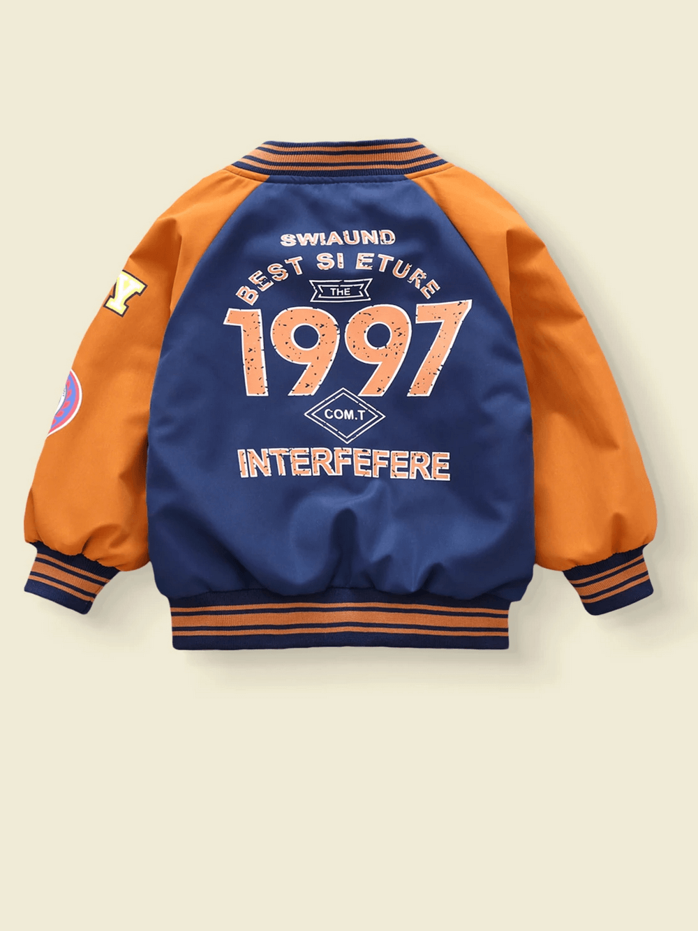 Blue and orange varsity-style jacket for kids with '1997 Interfere' print on back, featuring ribbed cuffs and bold sporty design.