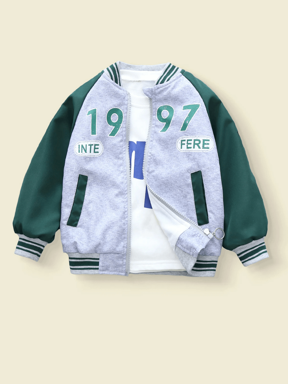 Trendy kids varsity jacket with teal sleeves and bold basketball print, perfect for young sports fans seeking a sporty look.