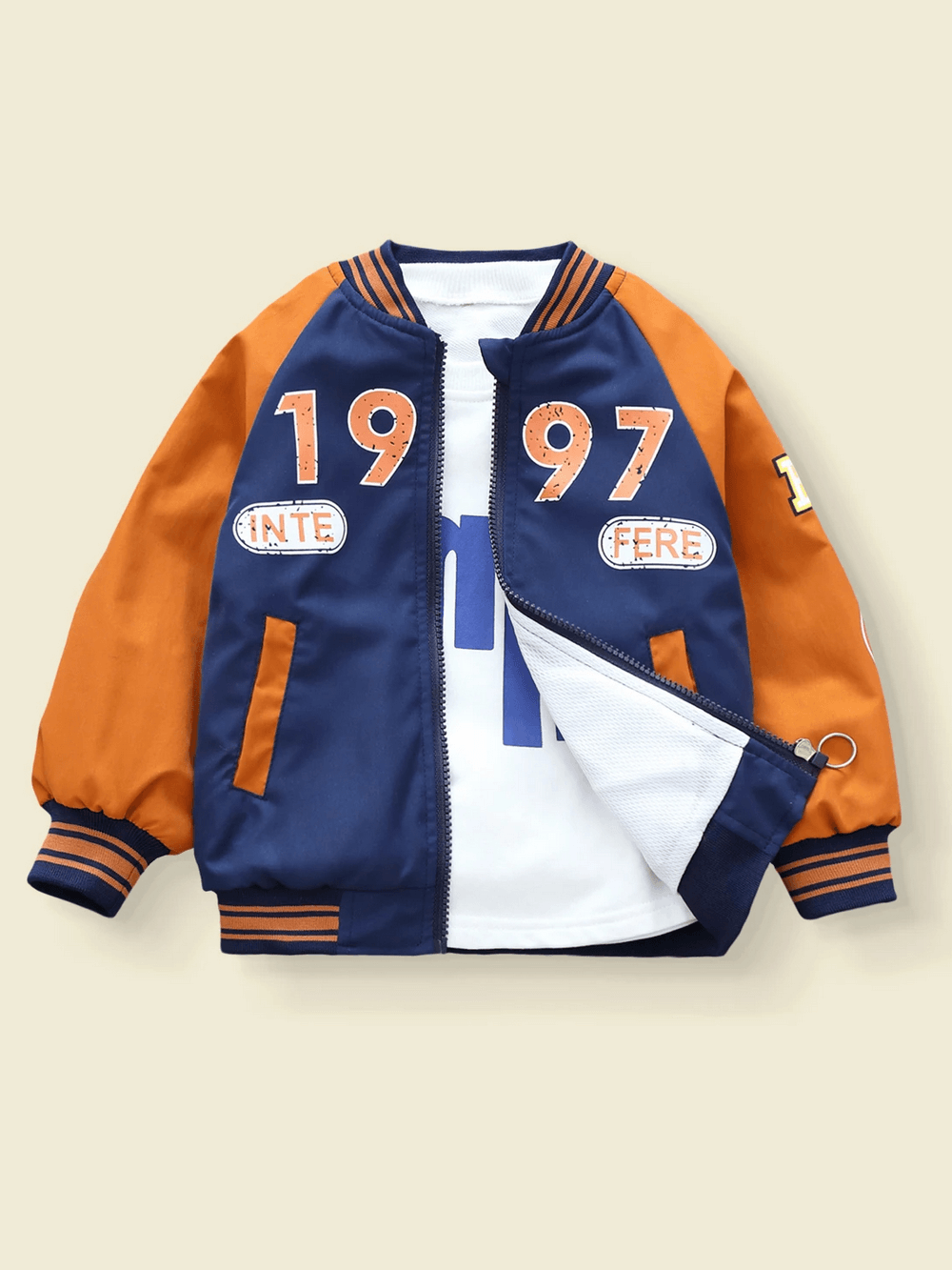 Trendy kids varsity jacket with orange and navy colors, featuring sporty 1997 print, zip-up closure, and ribbed cuffs and hem.