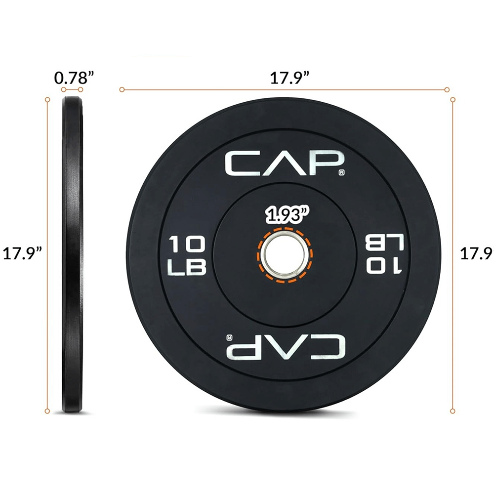 Versatile 10 LB Olympic Bumper Plate Set SF2935 with CAP logo, dimensions 17.9