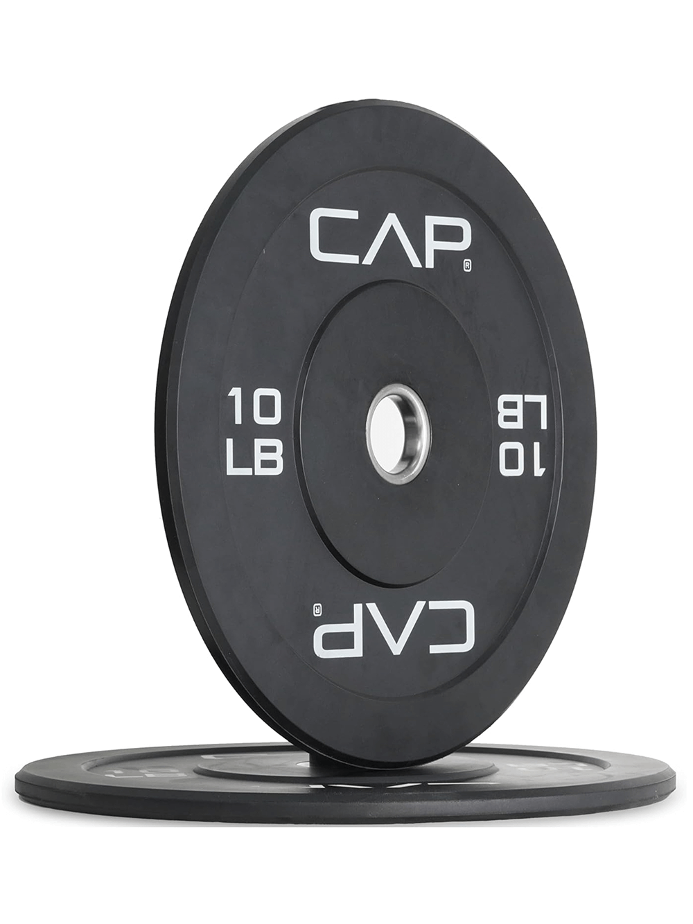 Versatile 10 LB Olympic Bumper Plates by CAP with rubber coating and steel hub for weightlifting and strength training.