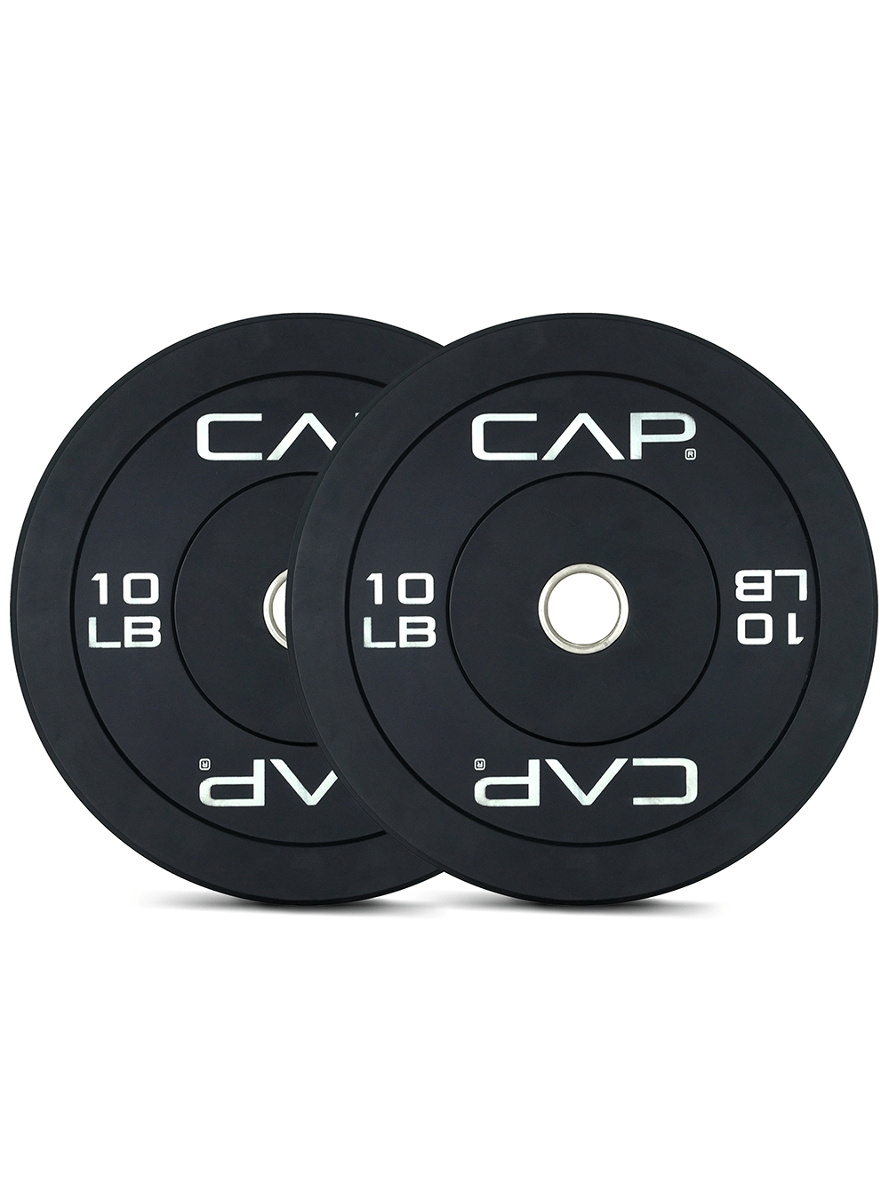 Set of two 10 LB Olympic bumper plates for weightlifting, featuring durable rubber coating and steel hub for secure fit.