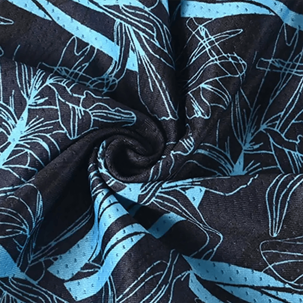 Close-up of a blue and black print design on the versatile cycling balaclava, showcasing intricate patterns on durable polyester fabric.