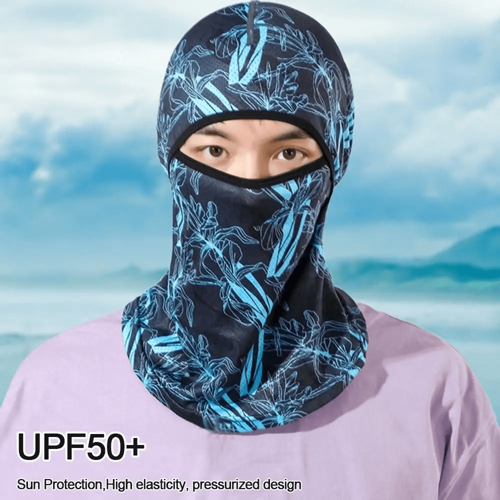 Versatile cycling balaclava with unique print design, perfect for cyclists and hikers, offering UPF50+ sun protection and breathability.