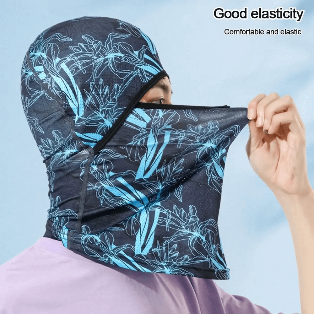 Versatile cycling balaclava with blue floral print design, showcasing good elasticity. Ideal as a helmet liner or hiking scarf for outdoor adventures.