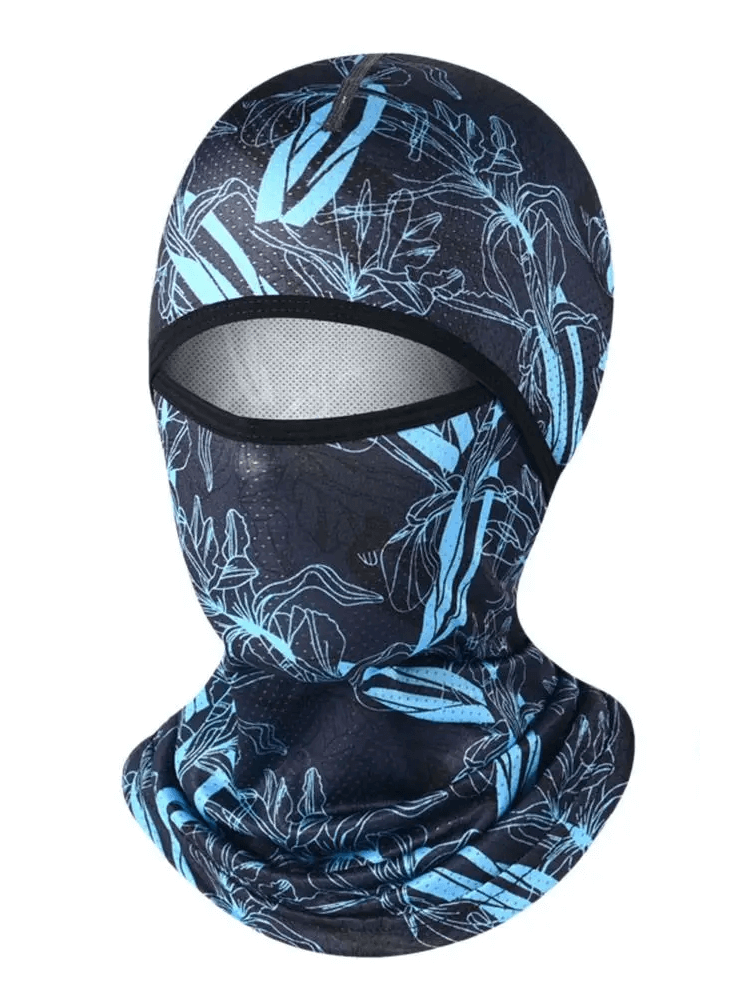 Versatile cycling balaclava SF2218 with blue print design, ideal for cyclists and hikers, doubles as a helmet liner and hiking scarf.