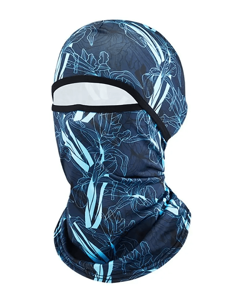 Versatile cycling balaclava SF2218 with blue print design, polyester helmet liner and hiking scarf for cyclists and outdoor enthusiasts.