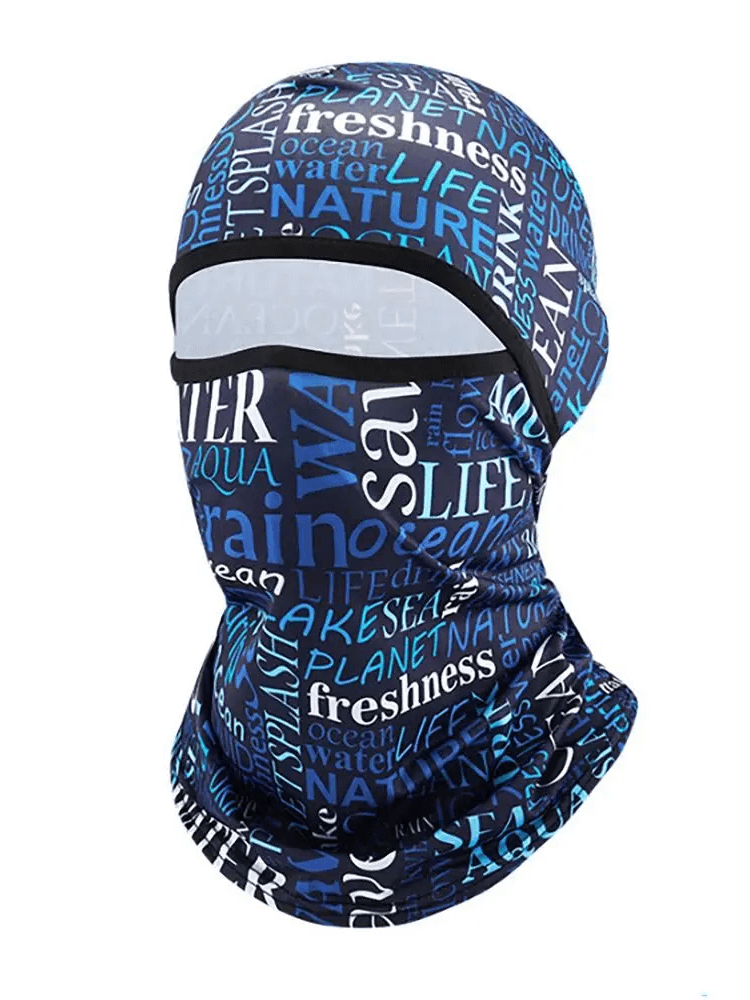 Versatile cycling balaclava SF2218 with unique printed design, ideal for cycling, hiking, as helmet liner or scarf, breathable polyester.