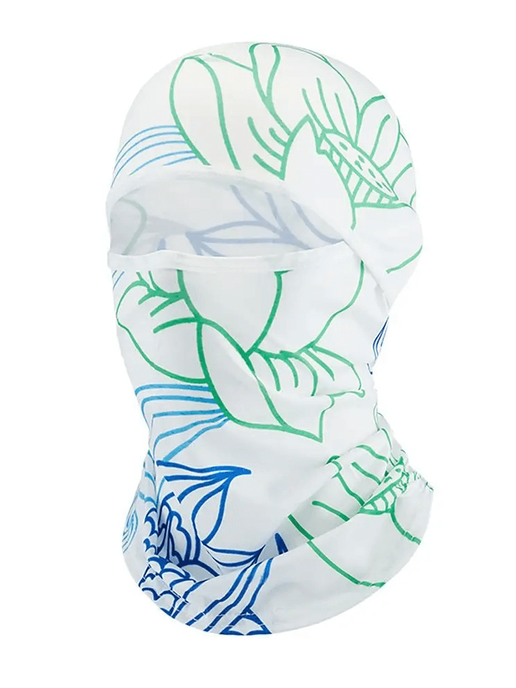 Versatile cycling balaclava SF2218 with green and blue floral design, ideal for helmet liner or hiking scarf, made of polyester.