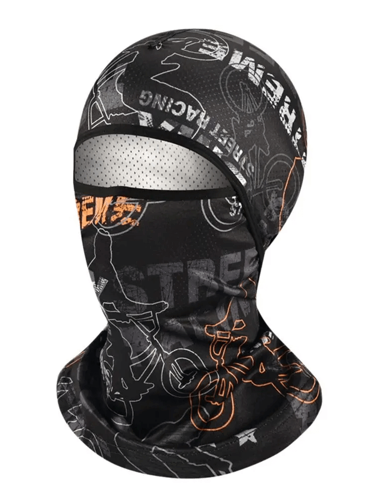 Cycling balaclava SF2218 with print design, polyester helmet liner, breathable multifunctional scarf for hiking and biking.
