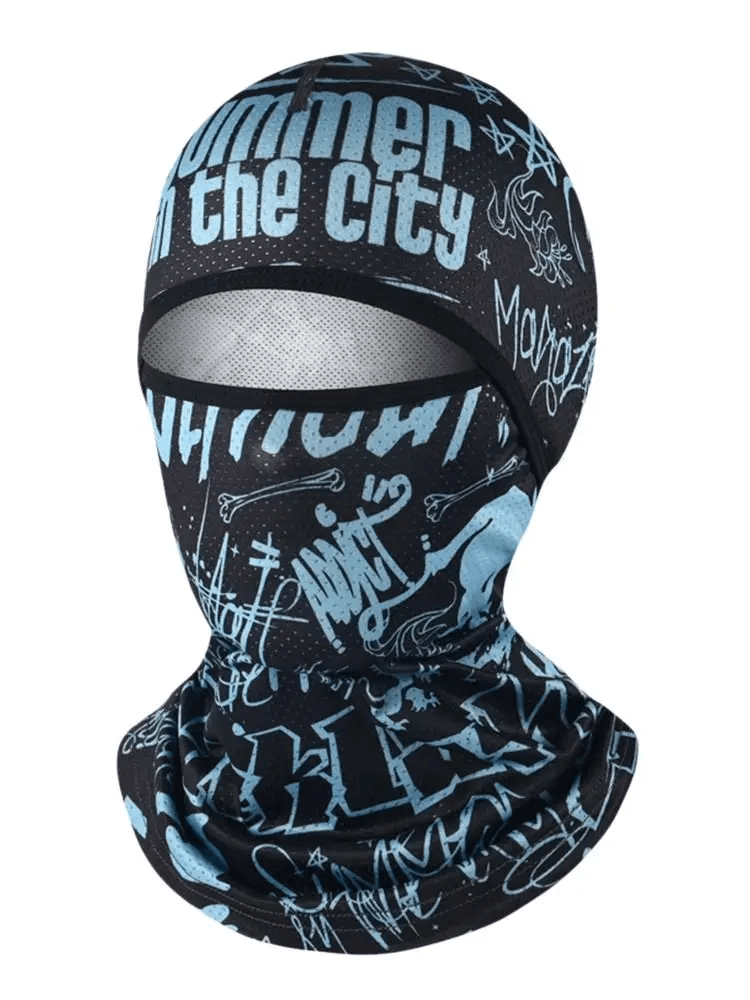 Versatile cycling balaclava SF2218 with urban print design, ideal as a polyester helmet liner and hiking scarf for outdoor activities.
