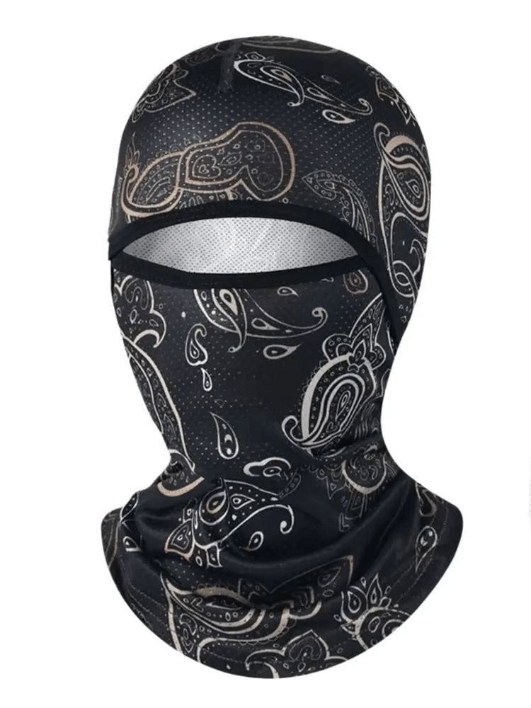 Versatile cycling balaclava with black and white print design, perfect as a polyester helmet liner or hiking scarf, model SF2218.