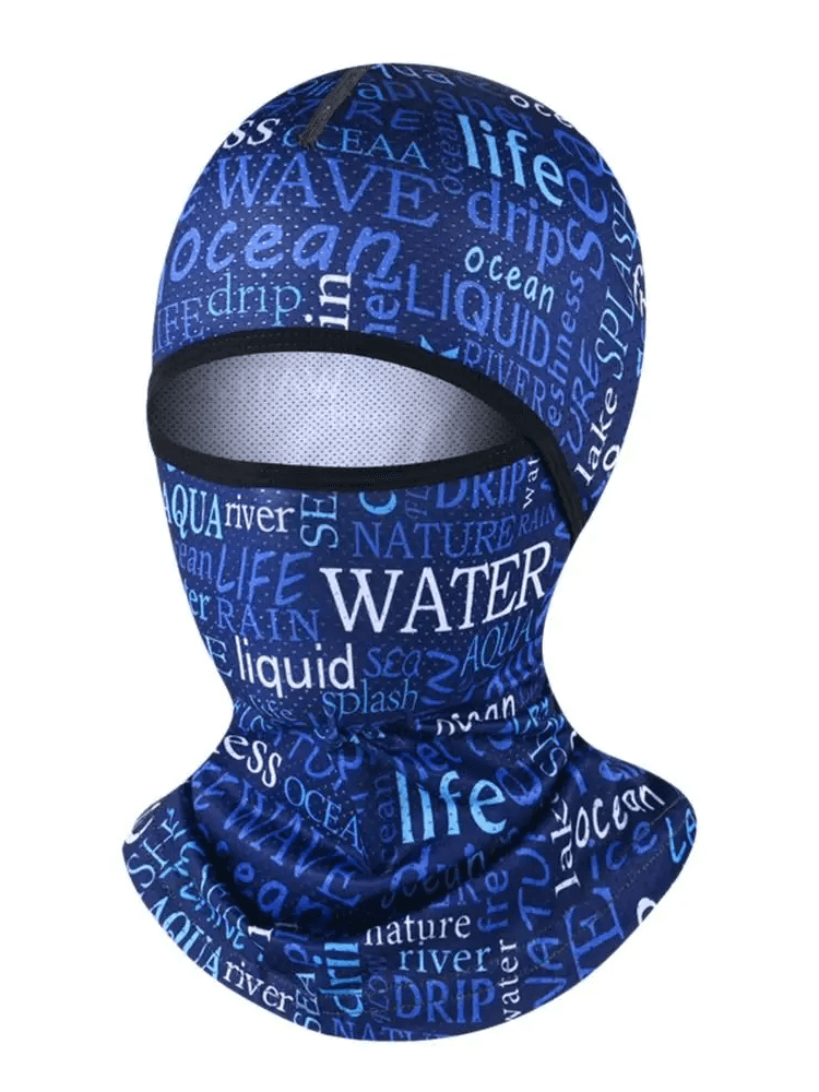 Blue cycling balaclava with ocean-themed print design, ideal as a polyester helmet liner or hiking scarf for outdoor activities.