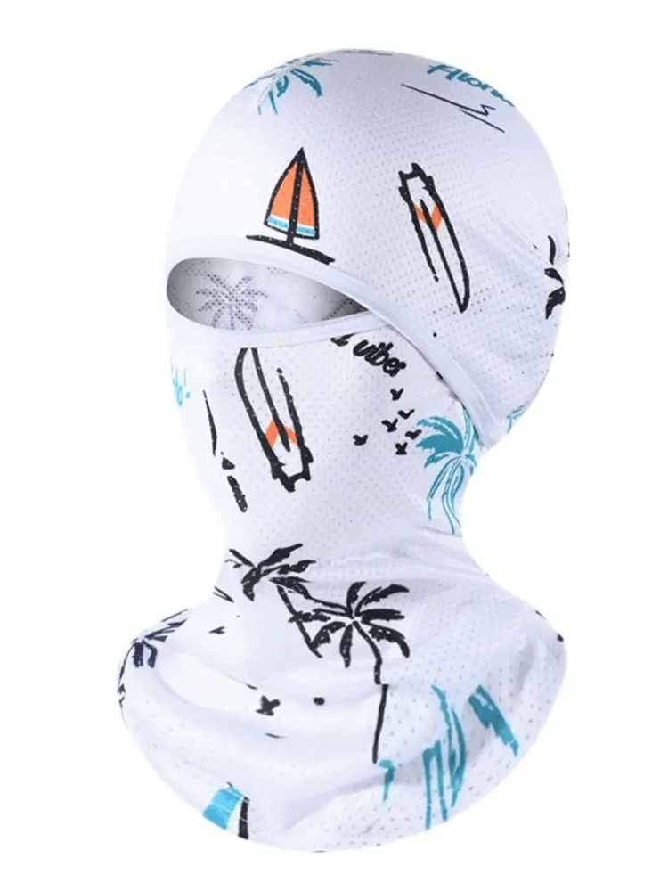 White cycling balaclava with colorful print, ideal for helmet lining or hiking. Made of breathable polyester for versatile outdoor use.