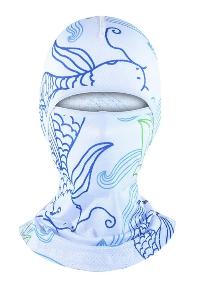 Versatile cycling balaclava SF2218 with blue print design, ideal as helmet liner or hiking scarf, made of breathable polyester.