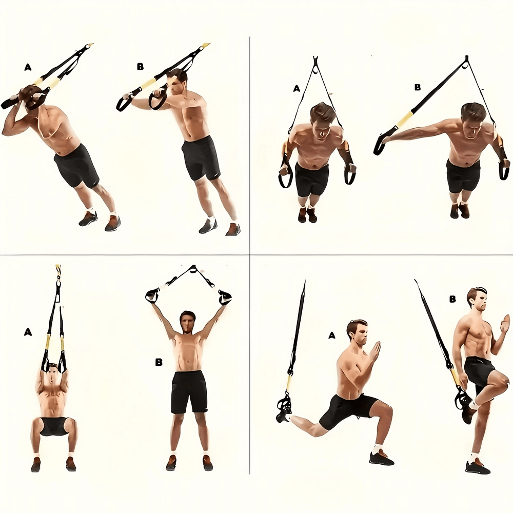 Men demonstrating exercises with a versatile fitness training suspension strap, perfect for yoga and Pilates workouts.