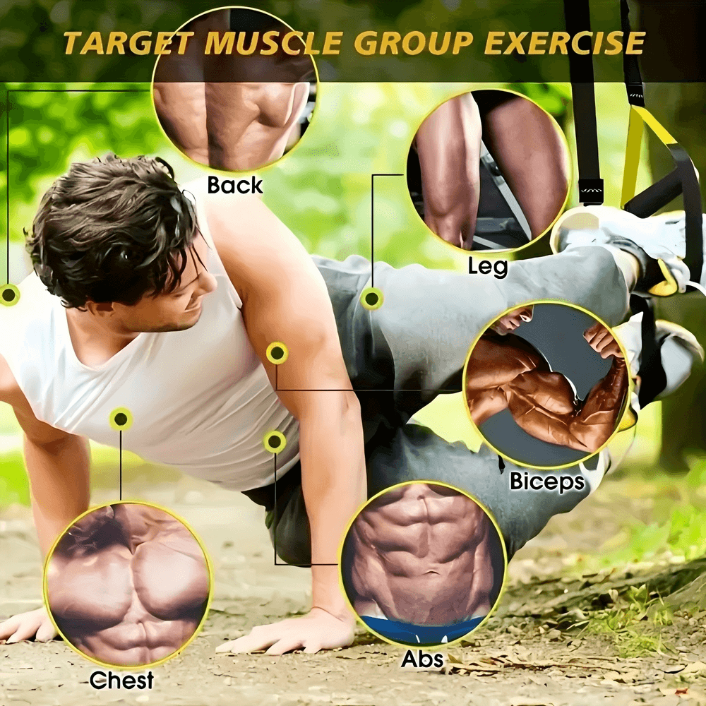 Man using versatile fitness suspension strap for muscle group exercises, targeting back, leg, chest, abs, and biceps outdoors.