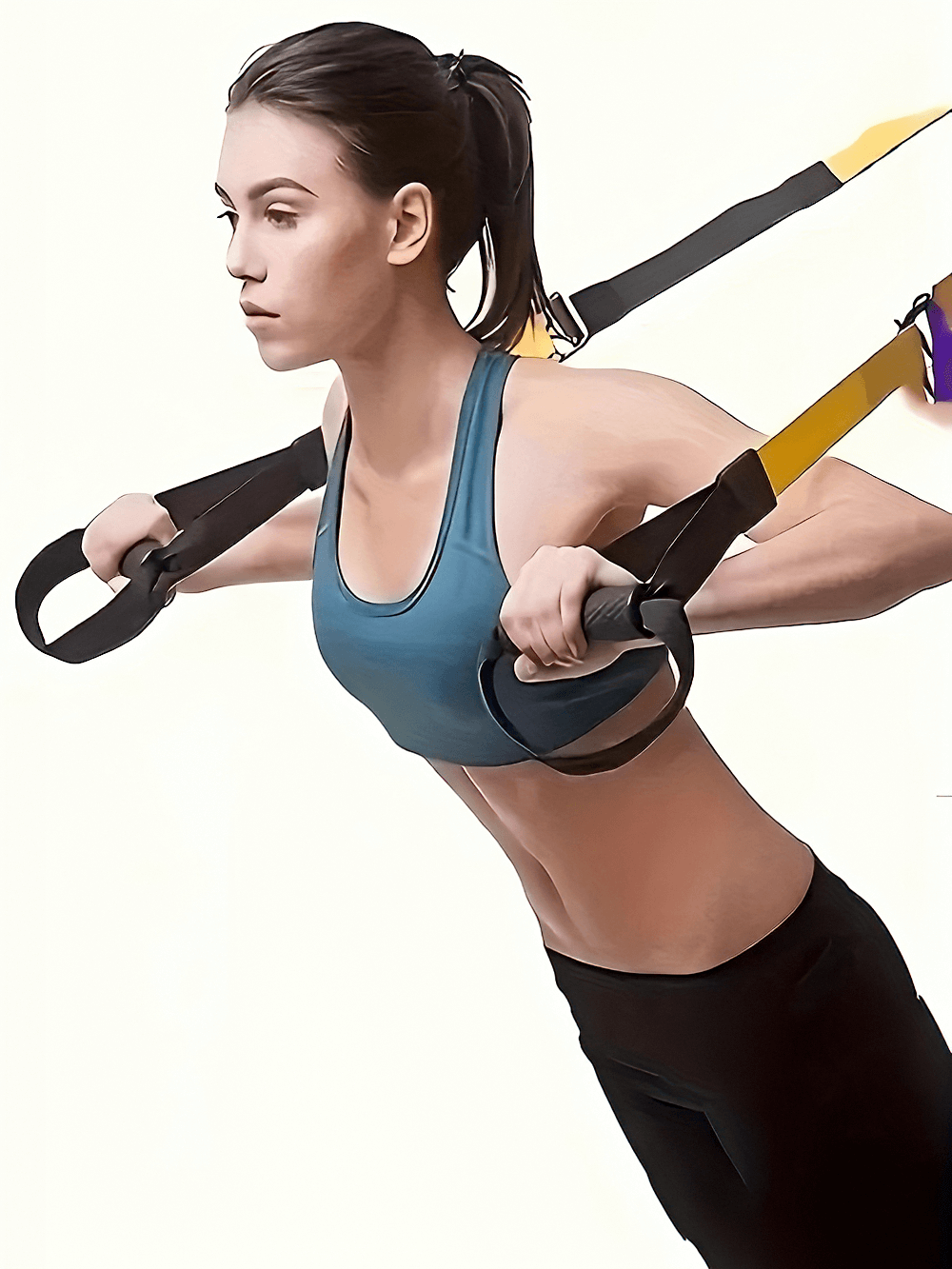 Woman using Versatile Fitness Training Suspension Strap SF2898 for yoga and Pilates workout, enhancing strength and flexibility at home or gym.