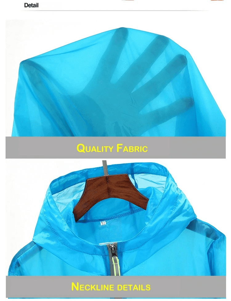 Close-up of blue hiking jacket showcasing breathable fabric and detailed neckline design for versatile outdoor adventures.