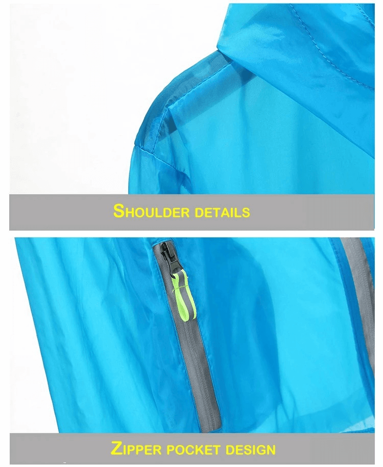 Close-up of Versatile Lightweight Hiking Jacket showcasing shoulder and zipper pocket details in blue.